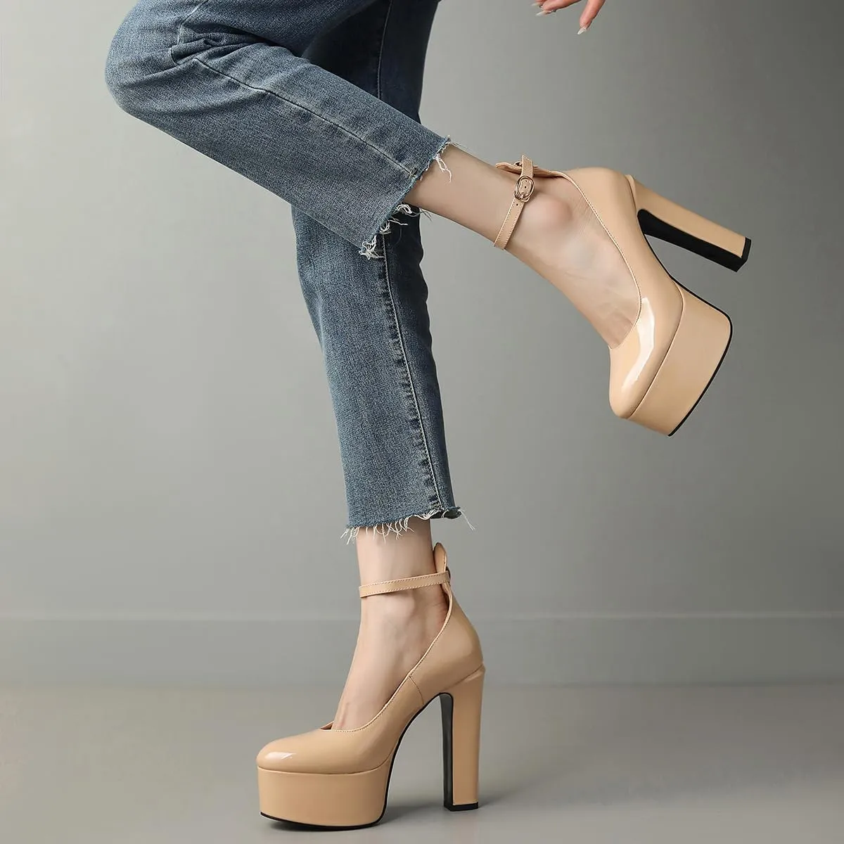 Womens Ankle Strap Thick Heel Platform Pumps Round Toe Block Heels Prom Pumps Buckles Flatform Dress Shoes
