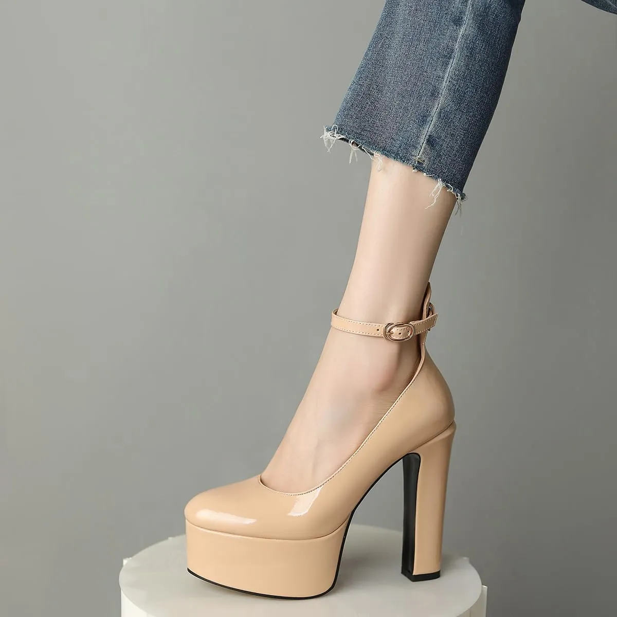 Womens Ankle Strap Thick Heel Platform Pumps Round Toe Block Heels Prom Pumps Buckles Flatform Dress Shoes
