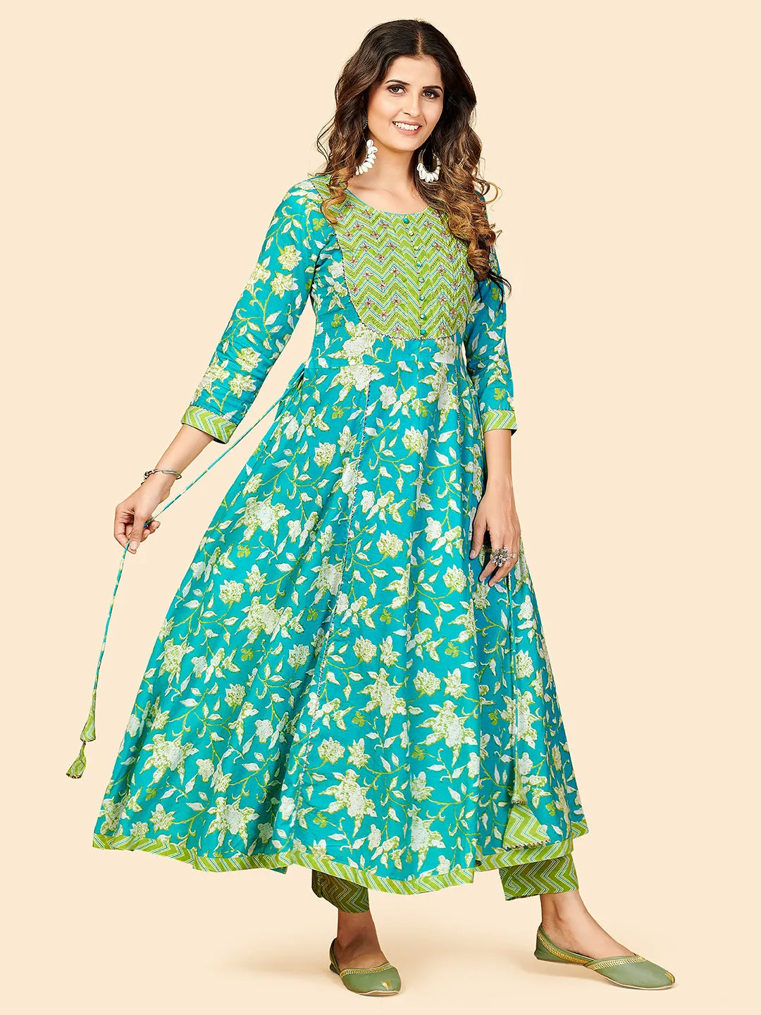 Women'S Printed & Embroidered Anarkali Cotton Aqua Stitched Kurta Pant With Dupatta