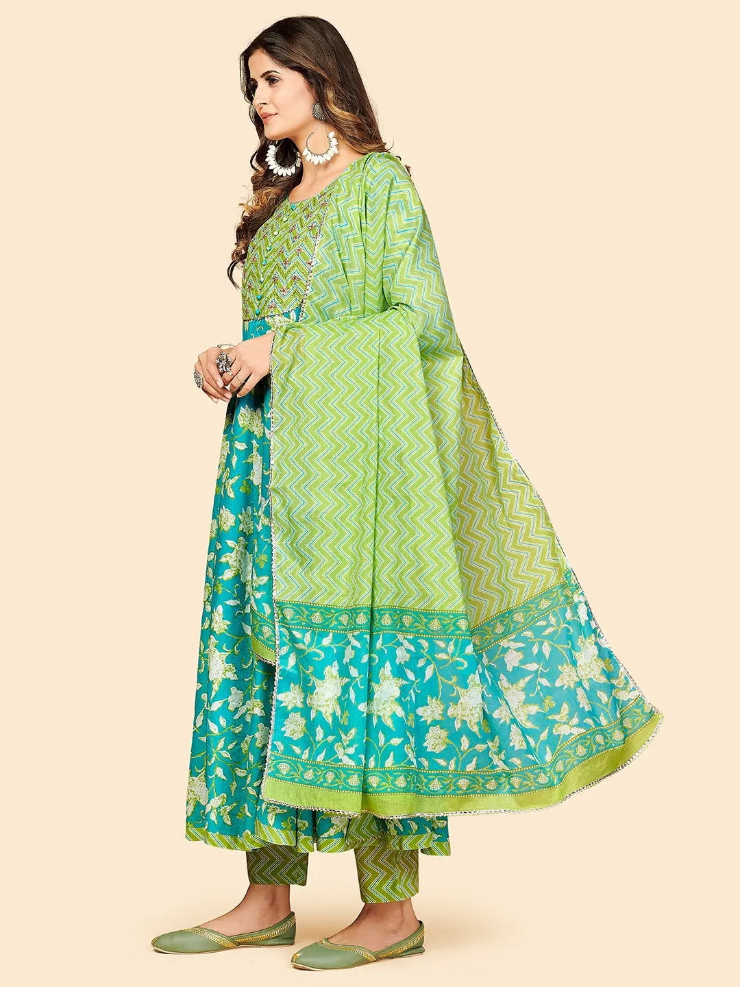 Women'S Printed & Embroidered Anarkali Cotton Aqua Stitched Kurta Pant With Dupatta
