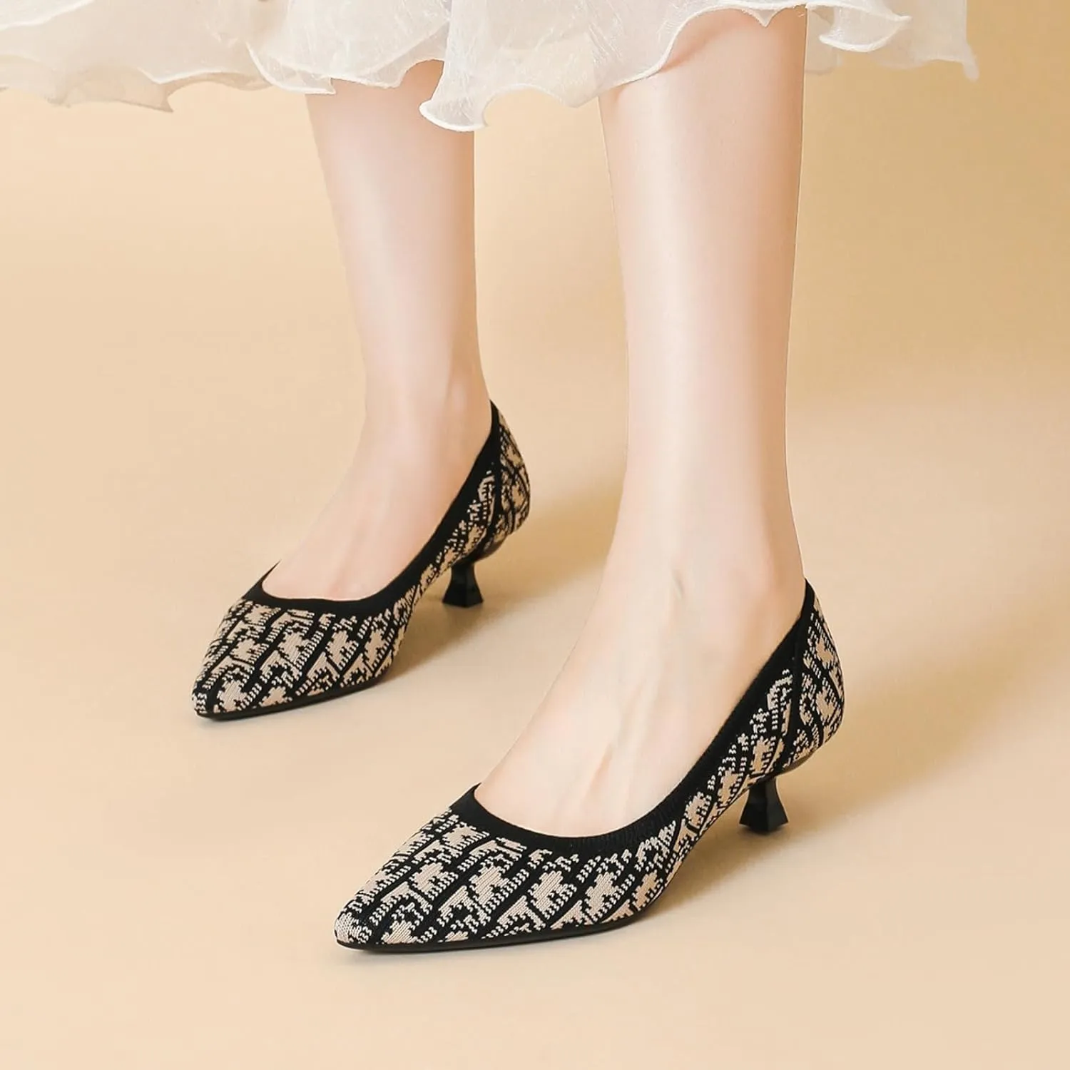 Womens Retro Pattern Breathable Mesh Knitted Kitten Heels Pumps Classical Pointed Toe Comfortable Casual Formal Dress Party Evening Shoes