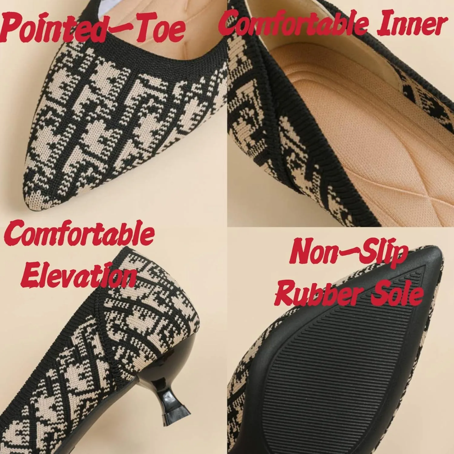Womens Retro Pattern Breathable Mesh Knitted Kitten Heels Pumps Classical Pointed Toe Comfortable Casual Formal Dress Party Evening Shoes