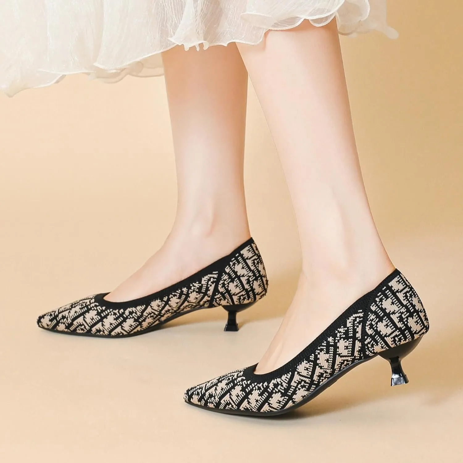 Womens Retro Pattern Breathable Mesh Knitted Kitten Heels Pumps Classical Pointed Toe Comfortable Casual Formal Dress Party Evening Shoes