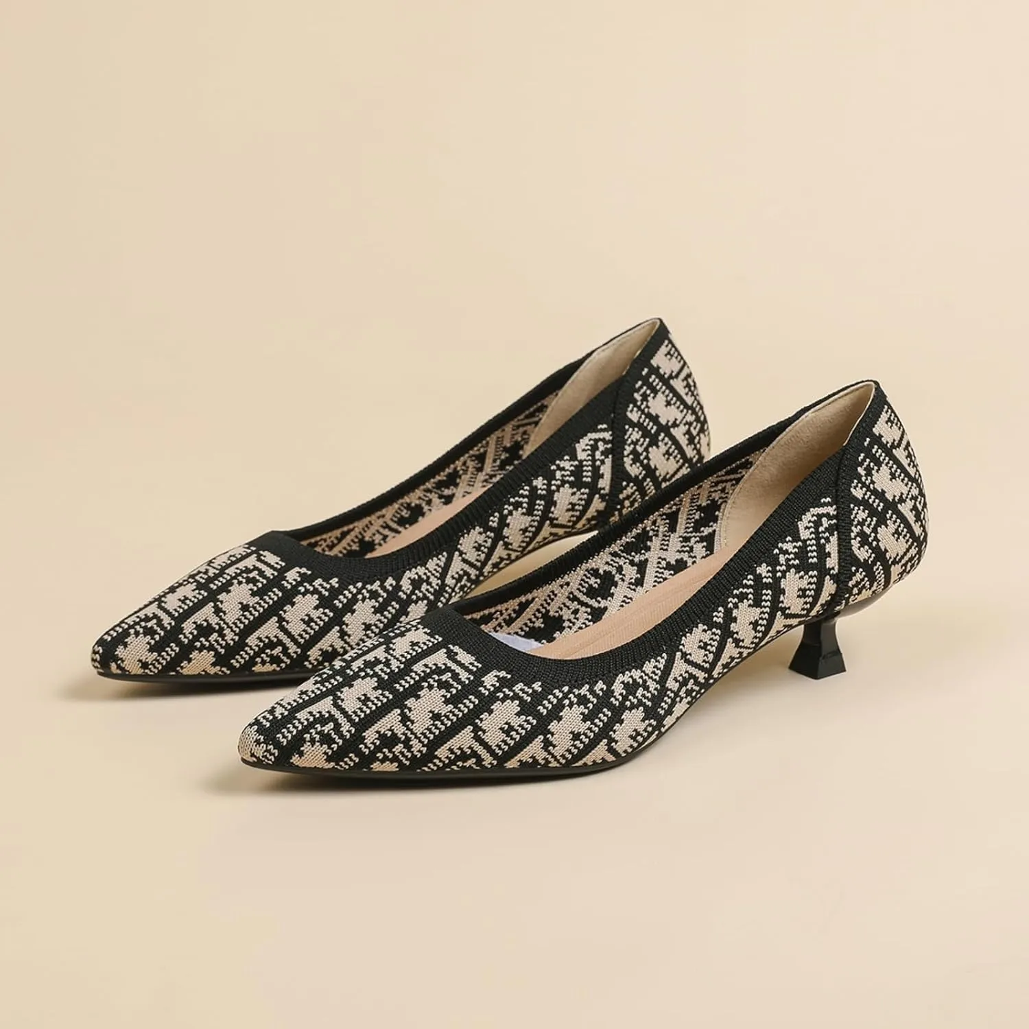 Womens Retro Pattern Breathable Mesh Knitted Kitten Heels Pumps Classical Pointed Toe Comfortable Casual Formal Dress Party Evening Shoes